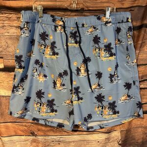 Bluey Mens XL Swim Trunks Light Blue Tropical Beach Board Shorts Bandit Bingo XL